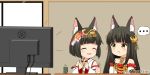  ... 2girls :3 :t ^_^ animal_ear_fluff animal_ears azur_lane bangs bare_shoulders black_hair blush brown_eyes closed_eyes closed_mouth collarbone commentary_request cup detached_sleeves dress eating eyebrows_visible_through_hair flat_screen_tv fox_ears fox_girl fox_tail hair_ornament headpiece japanese_clothes kimono long_hair long_sleeves miicha multiple_girls mutsu_(azur_lane) nagato_(azur_lane) open_mouth pleated_dress red_dress sleeveless sleeveless_kimono spoken_ellipsis strapless strapless_dress sweat tail television twitter_username very_long_hair white_kimono white_sleeves wide_sleeves yunomi 