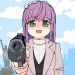  1girl :d aiming aiming_at_viewer black_dress blue_sky blush bow bow_hairband cityscape cloud coat commentary_request day dress false_smile foreshortening green_eyes grey_coat hairband hanamiya_nina highres link!_like!_love_live! long_hair long_sleeves love_live! new_york_city official_alternate_costume open_clothes open_mouth otomune_kozue otomune_kozue_(winter_casual) pinafore_dress purple_hair sen_yousoro shaded_face sidelocks sky sleeveless sleeveless_dress smile solo statue_of_liberty sweater turtleneck turtleneck_sweater upper_body v-neck virtual_youtuber voice_actor_connection white_bow white_hairband white_sweater 