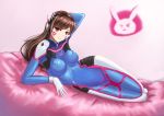  1girl absurdres arm_above_head arm_support bodysuit breasts brown_eyes brown_hair d.va_(overwatch) facepaint headphones highres kxrv3238 long_hair looking_at_viewer lying medium_breasts on_side overwatch solo 