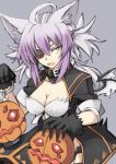  1girl agrius_metamorphosis ahoge animal_ears atalanta_(alter)_(fate) atalanta_(fate) bangs black_gloves braid breasts cat_ears cleavage collar eyebrows_visible_through_hair eyepatch fate/apocrypha fate/grand_order fate_(series) fur_trim gloves green_eyes grey_hair hair_between_eyes halloween large_breasts long_hair looking_at_viewer multicolored_hair nahu pink_hair pumpkin solo two-tone_hair very_long_hair yellow_eyes 