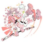  1girl aerith_gainsborough braid cactus chewing_gum chocobo cropped_jacket final_fantasy final_fantasy_vii fingerless_gloves full_body gloves highres jacket jaysoysaucee looking_at_viewer moogle pink_gloves pink_hair pink_jacket pink_shorts sabotender shoe_shoes shorts 