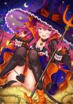 1girl artist_name bangs black_legwear blue_eyes blush capelet chie00chan closed_mouth cowboy_shot detached_sleeves dress elizabeth_bathory_(fate)_(all) elizabeth_bathory_(halloween_caster)_(fate) fangs fate/grand_order fate_(series) hair_between_eyes halloween hat highres horns long_hair looking_at_viewer open_mouth panties purple_hair sidelocks skirt smile solo striped striped_panties thighhighs underwear vertical_stripes watermark web_address witch_hat 