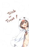  1girl :d bangs blush brown_eyes brown_hair collarbone ghost ghost_costume hair_ornament halloween hatsunatsu jack-o&#039;-lantern jack-o&#039;-lantern_hair_ornament leaning_to_the_side long_hair naked_sheet navel open_mouth original simple_background smile solo trick_or_treat white_background 