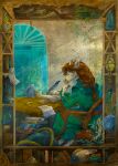 2025 alternate_universe anthro book bookshelf border braided_hair brown_body brown_fur brown_hair chair clock clothing coffee_cup coffee_mug container cowl cup dragon dragon_statue dress feathers female fur furniture giraffe giraffid globe gracey_halvenka green_clothing green_eyes hair hi_res horn inkwell key lamp lantern looking_at_object loose_feather mammal markings medieval mirror mythological_creature mythological_scalie mythology notes on_chair ossicone peacock_feather plant quill reading robe scalie scholar scroll sculpture sitting sitting_on_chair solo spots spotted_markings statue steam table tail tail_tuft tan_body tan_fur taski_guru terrarium tuft vase vivarium window