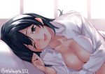  1girl blue_eyes blue_hair blush breasts cleavage collarbone commentary_request ebifurya eyebrows_visible_through_hair indoors kantai_collection large_breasts long_sleeves looking_at_viewer lying naked_shirt no_bra one_eye_closed open_clothes open_mouth open_shirt pillow shirt short_hair smile solo souryuu_(kantai_collection) twitter_username 