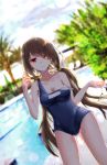  1girl absurdres blurry blurry_background breasts brown_hair cleavage collarbone date_a_live dutch_angle groin_tendon heterochromia highres kxrv3238 long_hair medium_breasts off_shoulder one-piece_swimsuit painterly palm_tree pool poolside red_eyes smile solo strap_slip swimsuit tokisaki_kurumi tree yellow_eyes 