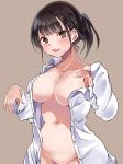  1girl bangs black_hair blunt_bangs blush bottomless breasts brown_hair collarbone copyright_request half_updo highres large_breasts long_hair looking_at_viewer mole naked_shirt navel no_bra no_panties no_pants open_clothes open_shirt ponytail sakayama_shinta shirt sidelocks simple_background solo stomach tan_background tongue tongue_out 