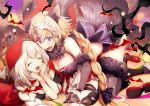  2girls :d ^_^ animal_ear_fluff animal_ears bangs bare_shoulders bat black_bow blonde_hair blush bow breasts claws cleavage closed_eyes commentary detached_collar elbow_gloves fang fate/grand_order fate_(series) fur-trimmed_gloves fur_collar fur_trim gloves grey_footwear grey_gloves grey_legwear hair_bow hands_up headpiece hood jeanne_d&#039;arc_(fate) jeanne_d&#039;arc_(fate)_(all) kemonomimi_mode kneeling large_breasts long_braid long_hair looking_at_another marie_antoinette_(fate/grand_order) multiple_girls no-kan open_mouth purple_eyes red_footwear shoes silver_hair skin_fang smile symbol_commentary tail thighhighs thighs wolf_ears wolf_tail yuri 