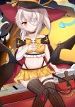  1girl ayanami_(azur_lane) ayanami_(witch_in_ambush)_(azur_lane) azur_lane bandage_over_one_eye bandaged_arm bandages bat black_headwear black_legwear choker collarbone commentary_request crop_top demon_tail halloween halloween_costume hand_on_own_chest hat highleg hitodama kuaua long_hair looking_at_viewer midriff miniskirt navel orange_skirt ponytail red_eyes silver_hair sitting skirt smile solo striped striped_legwear tail thigh_strap thighhighs witch_hat wristband zettai_ryouiki 