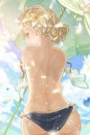  1girl ass back bare_back beach_umbrella bikini black_bikini_bottom blonde_hair blush charlotte_(shironeko_project) closed_mouth confetti cowboy_shot day flower from_behind green_eyes hair_flower hair_ornament highres looking_at_viewer looking_back nape outdoors self_hug shironeko_project short_hair smile solo sunlight swimsuit umbrella undressing untied untied_bikini user_lbv2527 yellow_flower 