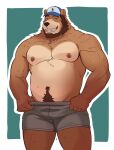 anthro arm_tuft baseball_cap bear beard belly belly_hair biceps body_hair border bottomwear brown_hair chest_hair chest_tuft clothing deltoids facial_hair grin hair hand_on_hip happy_trail hat headgear headwear hi_res looking_at_viewer male mammal manly mature_male musclegut muscular muscular_arms muscular_legs muscular_thighs naikuma navel neck_tuft nipples pecs pubes shorts shoulder_hair shoulder_tuft simple_background slightly_chubby smile smiling_at_viewer solo teal_background triceps tuft undressing white_border