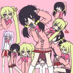  &gt;3&lt; akita_neru antenna_hair bow bowtie cardigan cardigan_around_waist channel_(caststation)_(style) clothes_around_waist dayan7_ariel diagonal-striped_bow diagonal-striped_bowtie diagonal-striped_clothes hatsune_miku kaai_yuki kasane_teto light_switch original pink_background pink_bow pink_bowtie pink_cardigan pink_sweater pinstripe_bowtie red_bow red_bowtie striped_bow striped_bowtie striped_clothes sweater triple_ryuunen vocaloid zako_(phrase) zako_(vocaloid) 