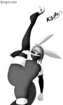  1girl ass assassin bodysuit breasts bunny bunnysuit claws dinosaur flexible green_hair hair_over_eyes huge_ass kyegrr large_breasts leg_lift leggings mask monochrome ninja original pink_fur reptile scales self_upload sharp_teeth solo spikes stretch teeth thick_thighs thighhighs thighs velociraptor yellow_eyes yoga 