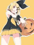  1girl black_hairband blonde_hair blush fang hair_ornament hairband halloween holding_pumpkin ixy jack-o&#039;-lantern kagamine_rin looking_at_viewer open_mouth pleated_skirt pumpkin red_eyes short_hair simple_background skirt sleeveless solo standing vocaloid x_hair_ornament yellow_background yellow_skirt 