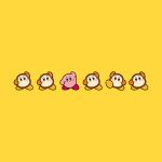  :o arm_up artist_request blue_eyes blush blush_stickers brown_eyes kirby kirby_(series) no_humans no_mouth official_art open_mouth second-party_source simple_background standing standing_on_one_leg waddle_dee yellow_background 