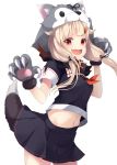  1girl black_ribbon black_serafuku black_skirt blonde_hair claws cowboy_shot fangs gloves hair_flaps hair_ornament hair_ribbon hairclip highres kantai_collection long_hair looking_at_viewer mofu_namako neckerchief open_mouth paw_gloves paw_pose paws red_eyes red_neckwear remodel_(kantai_collection) ribbon sailor_collar school_uniform serafuku simple_background skin_fangs skirt smile solo tail white_background white_sailor_collar wolf_hood wolf_tail yuudachi_(kantai_collection) 