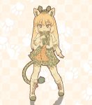  1girl :&gt; animal_ears animal_print belt black_skirt blonde_hair blue_eyes blush boots closed_mouth cross-laced_footwear eyebrows_visible_through_hair full_body giraffe_ears giraffe_horns giraffe_tail hand_on_own_chest highres kemono_friends kolshica lace-up_boots leopard_print long_hair looking_at_viewer paw_print reticulated_giraffe_(kemono_friends) skirt smile solo very_long_hair white_footwear white_hair white_legwear 