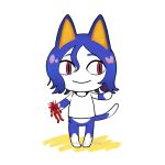  1boy animal_crossing animal_ears blue_hair cat_boy cat_ears cat_tail commentary dabu_(dabuchan) full_body furrification furry gundam gundam_gquuuuuux holding holding_toy looking_to_the_side lower_eyelashes_only male_focus red_eyes red_gundam shirt short_hair shuji_ito simple_background smile solo standing symbol-only_commentary tail toy white_background white_shirt 