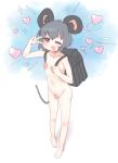  1girl animal_ears backpack bag commentary_request cookie_(touhou) fairyfloss flat_chest grey_hair heart looking_at_viewer mouse_ears mouse_tail nazrin nyon_(cookie) one_eye_closed partial_commentary pasties peni_parker randoseru red_eyes short_hair simple_background solo tail touhou v_over_eye 