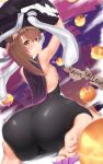  1girl alternate_costume ass ass_focus blush breasts brown_eyes brown_hair cosplay eyebrows_visible_through_hair gradient gradient_background halloween happy_halloween highres jiangjin_nanyun_zhi_(kumita) kantai_collection looking_at_viewer pumpkin short_hair sitting small_breasts solo taihou_(kantai_collection) wo-class_aircraft_carrier wo-class_aircraft_carrier_(cosplay) 