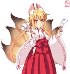  1girl alternate_costume animal_ear_fluff animal_ears artist_logo blonde_hair commentary_request cosplay cowboy_shot dated fox_ears fox_girl fox_tail hakama highres japanese_clothes kanon_(kurogane_knights) kantai_collection kemonomimi_mode kitsune long_hair looking_at_viewer miko multiple_tails ofuda red_hakama ribbon-trimmed_sleeves ribbon_trim satsuki_(kantai_collection) simple_background smile solo tail twintails white_background wide_sleeves yellow_eyes 
