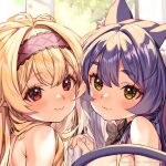  2girls ahoge animal_ear_fluff animal_ears black_hair blonde_hair blush breasts cat_ears cat_girl cat_tail face-to-face flower gloves hairband highres holding_hands indoors kink_(tortoiseshell) little_witch_nobeta long_hair looking_at_viewer looking_back messy_hair multiple_girls nobeta official_art phyllis_(little_witch_nobeta) red_eyes second-party_source small_breasts smile tail tail_censor topless_female upper_body white_gloves window yellow_eyes 