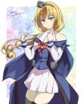  1girl black_thighhighs blonde_hair blue_capelet blue_eyes blue_overskirt capelet crown dress flower gakky hairband highres kantai_collection long_hair long_sleeves looking_at_viewer low_ponytail mini_crown off-shoulder_dress off_shoulder one-hour_drawing_challenge ponytail red_flower skirt solo thighhighs valiant_(kancolle) white_skirt 