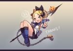  1girl :d abigail_williams_(fate/grand_order) azur_lane bangs bare_shoulders black_bow black_legwear black_ribbon black_skirt blonde_hair blue_eyes blue_footwear blush boots bow camisole chain commentary cosplay crown english_commentary eyebrows_visible_through_hair fate/grand_order fate_(series) forehead full_body hair_bow hair_ribbon high_ponytail jack-o&#039;-lantern javelin javelin_(azur_lane) javelin_(azur_lane)_(cosplay) kneehighs letterboxed long_hair looking_at_viewer mini_crown miya_(pixiv15283026) open_mouth orange_bow parted_bangs pleated_skirt ponytail ribbon sidelocks skirt smile solo thank_you tilted_headwear v white_camisole 