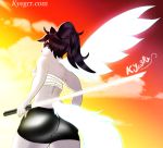  1girl angel ass bird black_hair blue_eyes breasts feathers glowing hair_over_eyes huge_ass katana kyegrr large_breasts long_hair long_tail looking_at_viewer looking_back original self_upload shorts solo squirrel sword tail thighs weapon wings 