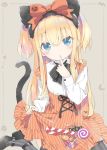  1girl animal_ears bangs black_bow black_footwear blonde_hair blue_eyes blush bow candy candy_cane candy_wrapper cat_ears cat_girl cat_tail commentary_request crescent dress dress_shirt eyebrows_visible_through_hair fake_animal_ears finger_to_mouth food grey_background grey_legwear hair_between_eyes jack-o&#039;-lantern lollipop long_hair looking_at_viewer orange_bow orange_dress original pantyhose parted_lips peko shimotsuki_potofu shirt shoes sitting solo star striped striped_bow striped_legwear swirl_lollipop tail tail_raised two_side_up vertical-striped_dress vertical-striped_legwear vertical_stripes very_long_hair wariza white_shirt 