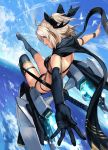  1girl :d ahoge arm_strap bangs bikini bird black_bikini black_bow black_footwear black_gloves black_legwear black_scarf blonde_hair blue_sky boots bow cloud condensation_trail day dove elbow_gloves fate/grand_order fate_(series) flock flying from_behind from_side full_body gloves hair_bow hair_ornament half_updo hankuri highres horizon jetpack katana looking_back looking_to_the_side midair ocean okita_souji_(fate)_(all) okita_souji_(swimsuit_assassin)_(fate) open_mouth outdoors outstretched_arms scarf sheath sheathed short_hair single_elbow_glove single_glove sky smile solo spread_arms swimsuit sword thigh_boots thigh_strap thighhighs thrusters toeless_boots toeless_legwear toes weapon wind yellow_eyes 