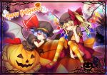  2girls :d ascot bangs bat_wings black_headwear black_shirt blue_hair border chima_q commentary_request crystal dress eyebrows_visible_through_hair fang fang_out flandre_scarlet hair_between_eyes halloween hand_on_own_cheek hand_up happy_halloween hat hat_ribbon highres holding jack-o&#039;-lantern laevatein looking_at_viewer mary_janes mob_cap multiple_girls one_side_up open_mouth orange_legwear orange_skirt panties pantyshot pantyshot_(sitting) pink_panties puffy_short_sleeves puffy_sleeves red_dress red_eyes red_footwear red_ribbon remilia_scarlet ribbon shirt shoes short_dress short_hair short_sleeves siblings sisters sitting skirt smile striped striped_legwear touhou underwear wings wrist_cuffs yellow_neckwear 