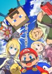  &gt;:) 3girls 5boys :d artoria_pendragon_(fate) bare_shoulders blonde_hair blue_eyes blue_overalls blue_sky braid breasts character_request clenched_hand closed_mouth cloud commentary copyright_request crossover crown dark_souls_(series) dark_souls_i day djeeta_(granblue_fantasy) facial_hair fate_(series) gloves gold_crown granblue_fantasy hat hedgehog_boy helmet ito_ryo long_sleeves looking_at_viewer mario mario_(series) medium_breasts minecraft minecraft_(style) multiple_boys multiple_crossover multiple_girls mustache orange_eyes overalls pink_shirt praise_the_sun red_hat red_shirt saber_(fate) shirt short_hair single_shoulder_pad sky smile solaire_of_astora sonic_(series) sonic_the_hedgehog split_mouth steve_(minecraft) translation_request v-shaped_eyebrows very_short_hair yellow_gloves 