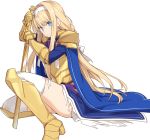  1girl alice_schuberg armor bangs blonde_hair blue_eyes boots braid commentary_request dress hairband holding long_hair looking_at_viewer ribbon shiseki_hirame simple_background smile solo sword sword_art_online_alicization thighhighs torn_clothes very_long_hair weapon white_background white_hairband white_legwear 