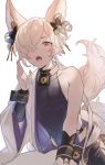  animal_ears backless_outfit blonde_hair brown_eyes erune fang fox_boy fox_ears fox_tail granblue_fantasy hair_ornament hair_over_one_eye kou_(granblue_fantasy) large_tail looking_at_viewer male_focus open_mouth sideless_outfit tail yuuhi_homare 