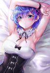  1girl armpits arms_up bare_arms bare_shoulders bed_sheet black_bow blue_eyes blue_hair bow breasts cleavage closed_mouth detached_collar dress flower_knot hair_ornament highres large_breasts looking_at_viewer lying on_back on_bed re:zero_kara_hajimeru_isekai_seikatsu rem_(re:zero) short_hair solo strapless strapless_dress sunhyun underbust wristband x_hair_ornament 