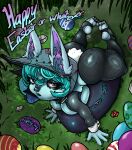 animal_ears animal_nose big_breasts big_butt breasts butt clothing colored_nails costume cuffs_(clothing) easter easter_egg eyelashes fake_ears fake_rabbit_ears feet female fishnet_clothing fishnet_legwear fur grass green_hair grey_body grey_fur grey_hood hair hi_res high-angle_view holidays humanoid inner_ear_fluff league_of_legends legwear looking_at_viewer lying nails nightlydayart on_front plant purple_eyes purple_nails reverse_bunny_costume riot_games short_hair short_stack solo tencent text thick_thighs tuft vex_(lol) wide_hips yordle