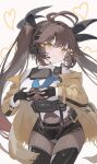  1girl absurdres black_gloves black_shorts blue_necktie blush breasts closed_mouth commentary ear_protection earphones girls&#039;_frontline gloves heart highres holding_own_breasts jacket large_breasts lemures looking_at_viewer m14_(girls&#039;_frontline) microphone necktie off_shoulder official_alternate_costume open_clothes open_jacket shirt short_shorts shorts smile solo twintails walkie-talkie white_shirt yellow_eyes yellow_jacket 