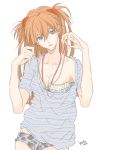  1girl 2013 alternate_costume artist_name blue_eyes breasts camouflage camouflage_panties cleavage dated earbuds earphones graphite_(medium) highres long_hair loose_clothes loose_shirt medium_breasts neon_genesis_evangelion orange_hair panties shirt solo souryuu_asuka_langley traditional_media underwear white_background yu-tan 