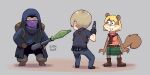 1girl 2boys ashley_graham ashley_graham_(cosplay) backpack bag belt_pouch black_cloak blonde_hair boots brown_boots brown_scarf butter_sugoi carolyn_lawrence cloak cosplay crossover furry furry_female highres holster hood hooded_cloak leon_s._kennedy mask merchant_(resident_evil) mouth_mask multiple_boys orange_hair orange_sweater phallic_symbol plaid_clothes plaid_skirt pouch resident_evil resident_evil_4 rocket_launcher sandy_cheeks scarf shoulder_holster signature skirt sleeveless sleeveless_sweater sleeveless_turtleneck spongebob_squarepants_(series) squirrel_girl sweater turtleneck voice_actor_connection weapon 