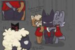 3:2 anthro big_butt black_body blush bodily_fluids bovid butt canid canine canis caprine cinnamoncaker_(artist) clothed clothing cult_of_the_lamb digital_media_(artwork) domestic_cat domestic_dog english_text erection felid feline felis fingering follower_(cult_of_the_lamb) fur genital_fluids group hair hi_res lagomorph lamb_(cult_of_the_lamb) leporid male male/male mammal massive_monster_(studio) multi_eye narinder open_mouth penetration rabbit red_crown_(cult_of_the_lamb) shaded sheep simple_background smile text trio white_body white_fur wool_(fur)