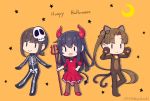  3girls akatsuki_(kantai_collection) alternate_costume animal_costume animal_ears ayanami_(kantai_collection) black_hair brown_eyes brown_hair brown_legwear cat_costume cat_ears cat_tail commentary_request demon_costume demon_horns demon_tail dress fubuki_(kantai_collection) green_eyes halloween horns kantai_collection long_hair low_ponytail multiple_girls nakaaki_masashi open_mouth orange_background pantyhose polearm ponytail purple_eyes red_dress short_ponytail side_ponytail sidelocks skeleton_costume star starry_background tail trident weapon 