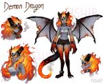  1girl abs absurdres angry annoyed arms_at_sides artist_name black_shorts breasts character_sheet chin_rest claws cleavage collar commentary cracked_skin cuffs demon_girl dragon_girl dragon_wings english_commentary eyebrows fiery_hair grey_skin highres horns long_hair matilda_fiship monster_girl multiple_views navel one_eye_closed open_mouth original paws pointy_ears red_eyes sarashi scales scar sharp_teeth short_shorts shorts sideways_glance simple_background smoke spread_wings standing tail teeth torn_wings watermark white_background wings yellow_sclera 