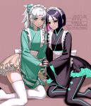  2girls apron black_eyes black_pantyhose colored_inner_hair fate/samurai_remnant fate_(series) green_eyes highres holding_hands leggings maid maid_apron maid_headdress multicolored_hair multiple_girls pantyhose pink_hair purple_hair short_hair skirt titiduki_(manman-ya) twitter_username ushi_gozen_(fate) white_hair white_leggings yui_shousetsu_(fate) 