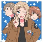  ;d alisa_(girls_und_panzer) artist_name bangs black_shirt blonde_hair blue_background blue_eyes blush_stickers brown_eyes brown_hair brown_jacket commentary dated emblem freckles girls_und_panzer grin hair_intakes hair_ornament hand_on_hip highres jacket kay_(girls_und_panzer) long_hair long_sleeves looking_at_viewer military military_uniform nail_polish naomi_(girls_und_panzer) one_eye_closed open_clothes open_jacket open_mouth outside_border peeking_out red_nails saunders_(emblem) saunders_military_uniform shirt short_hair short_twintails signature smile star star_hair_ornament starry_background twintails twitter_username uniform v very_short_hair zono_(inokura_syuzo029) 