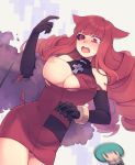  1girl animal_ears blush breasts cat_ears cybernetic_eye dress drill_hair elbow_gloves falling gloves large_breasts long_hair motion_blur nipples open_mouth red_eyes red_hair sei_asagiri solo stella_hoshii torn_clothes va-11_hall-a y_(35504109) 