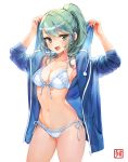  1girl :d absurdres armpits arms_up bikini blue_jacket breasts cleavage collarbone cowboy_shot dabo_(parksh5054) drawstring fang frilled_bikini frills front-tie_bikini front-tie_top green_eyes green_hair halterneck has_bad_revision highres hood hooded_jacket jacket long_hair long_sleeves looking_at_viewer medium_breasts navel open_clothes open_jacket open_mouth original ponytail revision side-tie_bikini sidelocks simple_background smile solo standing stomach swimsuit thighs white_background white_bikini 