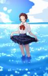  1girl black_skirt blue_sky blurry bokeh breasts brown_hair burn_scar closed_eyes cloud commentary_request contemporary depth_of_field earrings forehead genderswap genderswap_(mtf) grape_gogo hanafuda_earrings highres jewelry kamado_tanjirou kimetsu_no_yaiba lake lens_flare medium_breasts pleated_skirt russian_commentary scar scar_on_face scar_on_forehead school_uniform short_hair skirt skirt_hold sky solo wading 