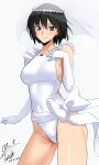  1girl absurdres amagami ass_visible_through_thighs black_eyes black_hair blush breasts bridal_veil closed_mouth commentary_request competition_swimsuit covered_navel cowboy_shot dated earrings elbow_gloves gloves hair_between_eyes hand_on_own_chest highleg highleg_one-piece_swimsuit highres jewelry large_breasts looking_at_viewer nanasaki_ai necklace one-piece_swimsuit pendant short_hair signature simple_background smile solo standing swimsuit veil white_background white_gloves white_one-piece_swimsuit yoo_tenchi 