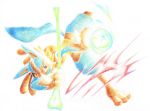  attack aura_sphere_(pokemon) blue_fur bone colored_pencil_(medium) gen_4_pokemon lucario no_humans pokemon pokemon_(creature) pokemon_(game) pokemon_dppt red_eyes simple_background solo spikes traditional_media white_background 